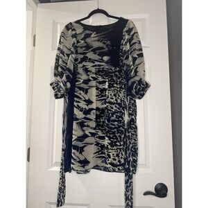 Aoyama Itchome Abstract Print Short Sleeve Dress W Attached Belt Medium